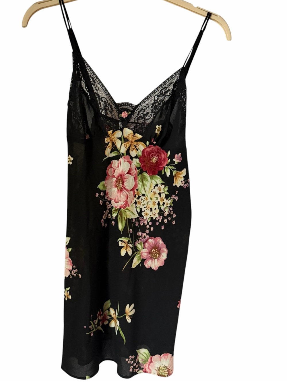 Oscar de la Renta Pink Label Black Satin Floral Lace Trim Slip Night Gown